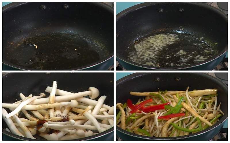 Tiến hành xào nấm và rau củ