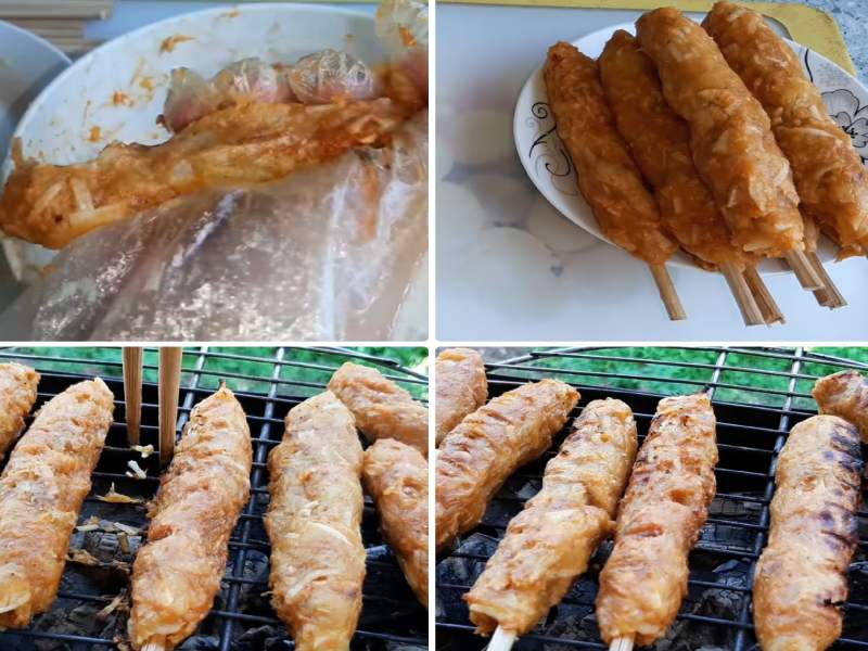 Tạo hình nem và nướng nem trên lửa than