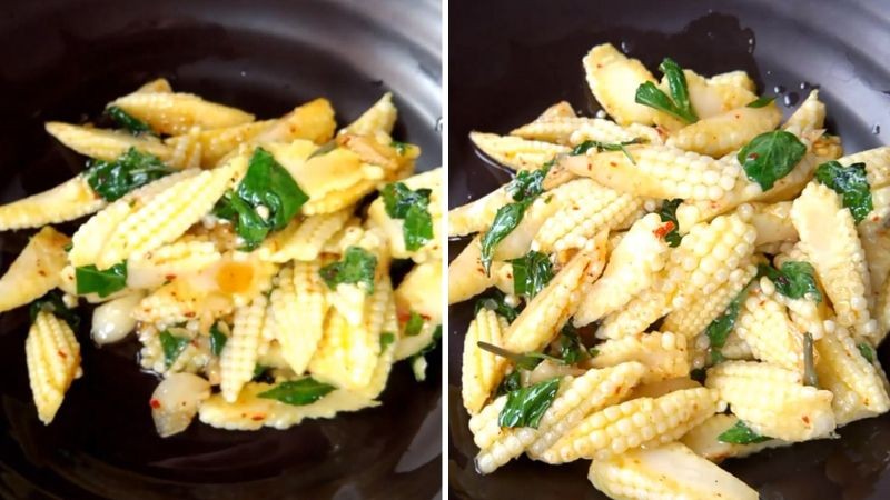 Thành phẩm ngô bao tử xào tỏi chay thơm ngon