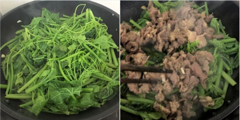 tiến hành xào thịt bò với ngọn su su