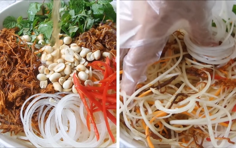 Tiến hành bóp trộn nộm đu đủ bò khô