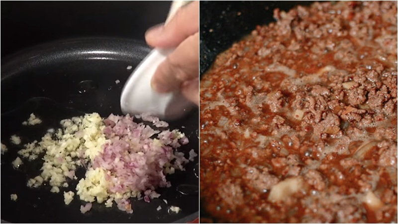 Công đoạn xào nui bò bằm sốt cà chua