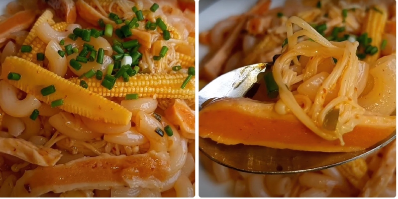 nui xào sốt cay thấm vị thơm ngon