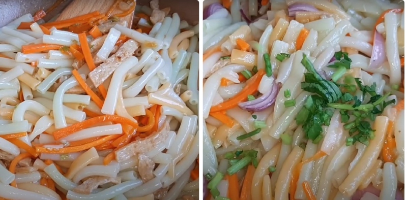 cho nui vào xào cùng và nêm nếm lại gia vị