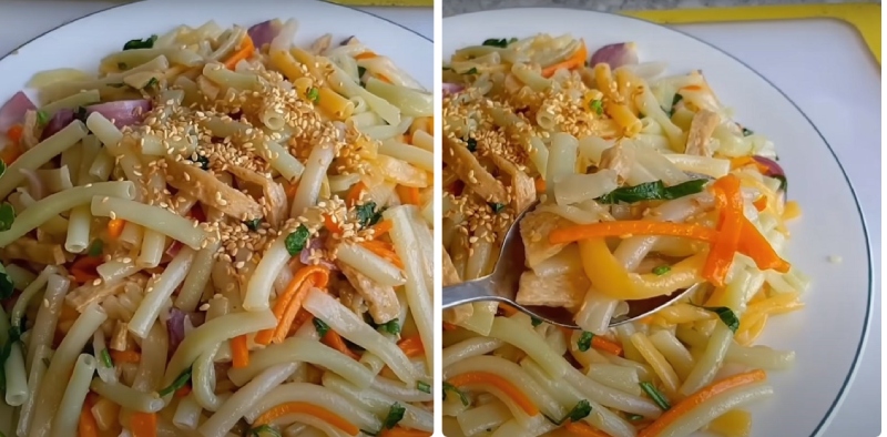 gắp nui xào ra đĩa là có thể thưởng thức ngay