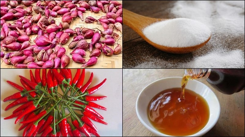 Nguyên liệu làm nước mắm hành: hành tím, đường, ớt, nước mắm.