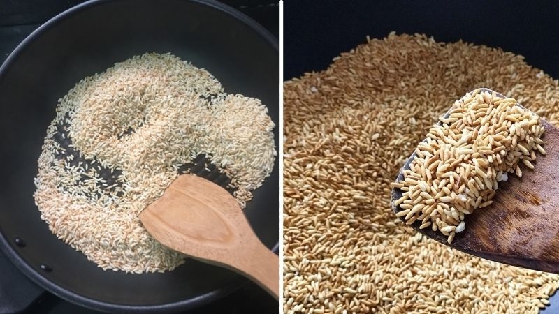 Gạo được rang vàng đều, chuẩn bị giã mịn để làm phần muối gà đậm đà