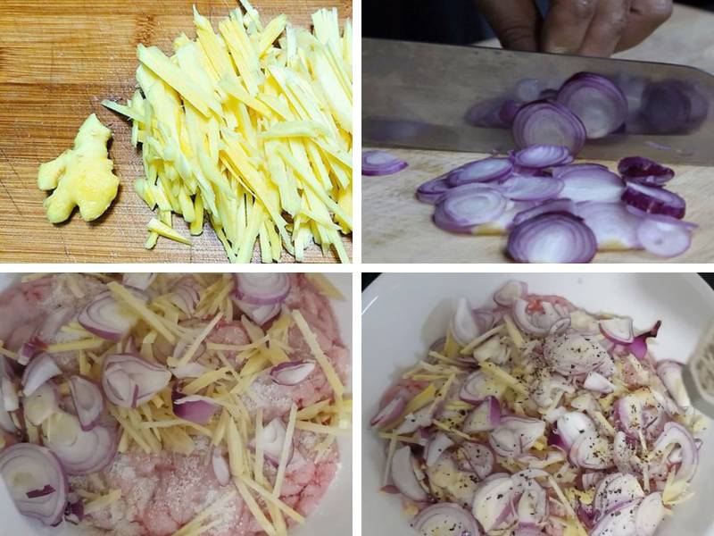 Sơ chế gừng, hành lá và ướp óc heo