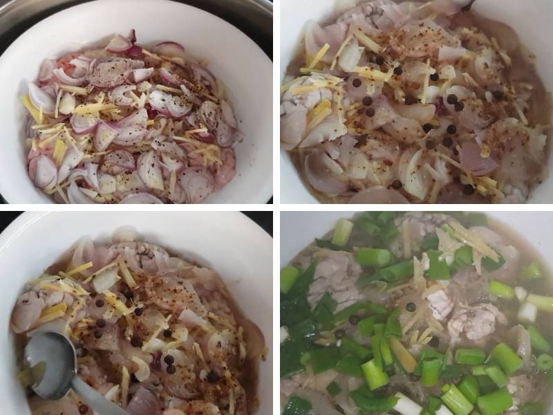 Đun sôi nước trong xửng hấp, đặt bát óc heo vào