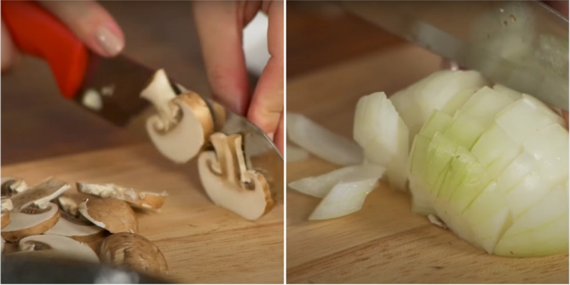 thái nhỏ nấm mỡ và hành tây