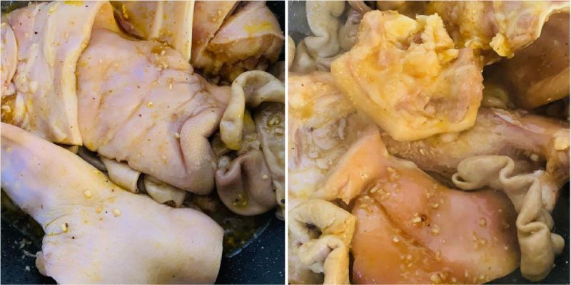 Cho tất cả nội tạng vào tô lớn và ướp hỗn hợp gia vị