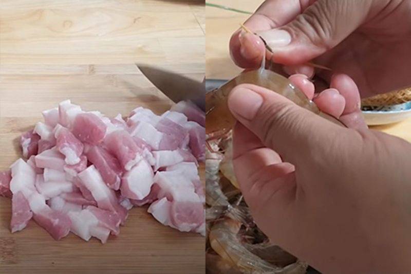 Công đoạn sơ chế thịt heo và tôm