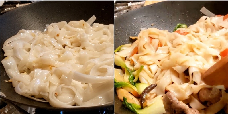 Phở được xào đều tay cùng thịt bò và rau củ trong chảo nóng
