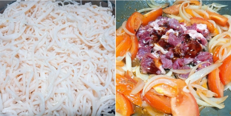 Bún tươi và thịt bò đang xào cùng hành tây cà chua