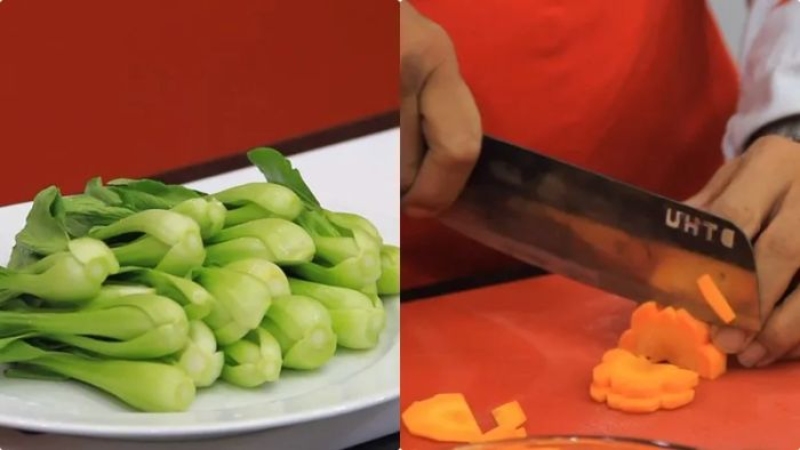 Cải thìa và cà rốt được sơ chế kỹ lưỡng để chuẩn bị cho món ăn