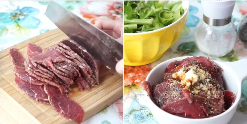 Thịt bò thái lát mỏng và được ướp gia vị đầy đủ