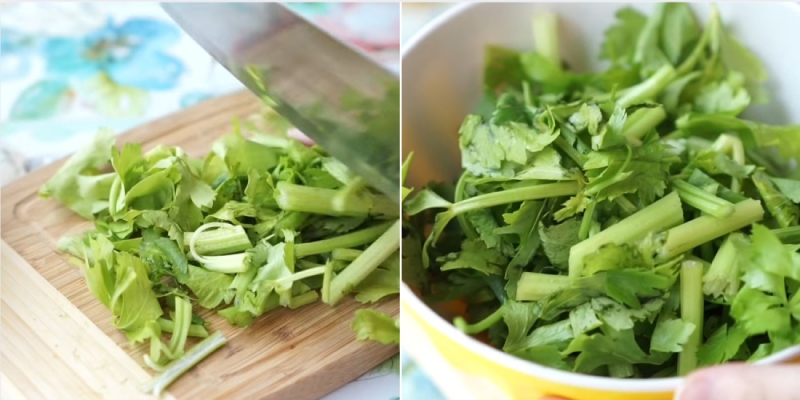 Rau cần được cắt khúc đều và rửa sạch