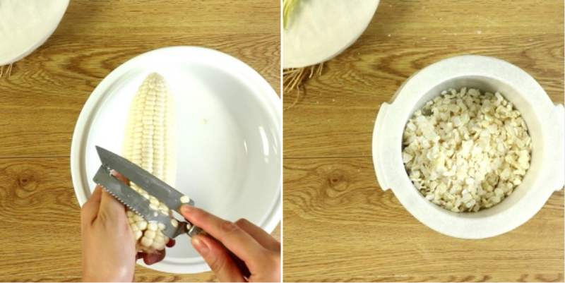 Bắp nếp và bắp Mỹ lột vỏ, tách lấy hạt