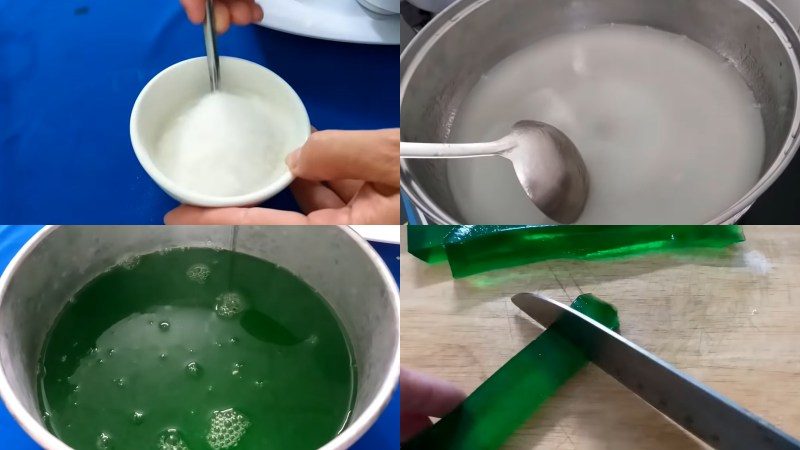 Công đoạn nấu hỗn hợp thạch lá dứa
