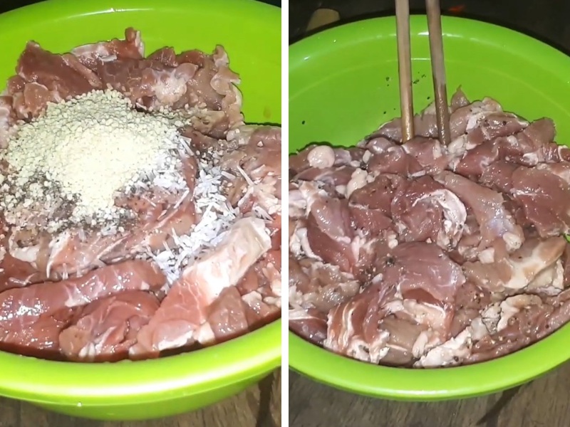 Tiến hành ướp thịt bò với hỗn hợp gia vị