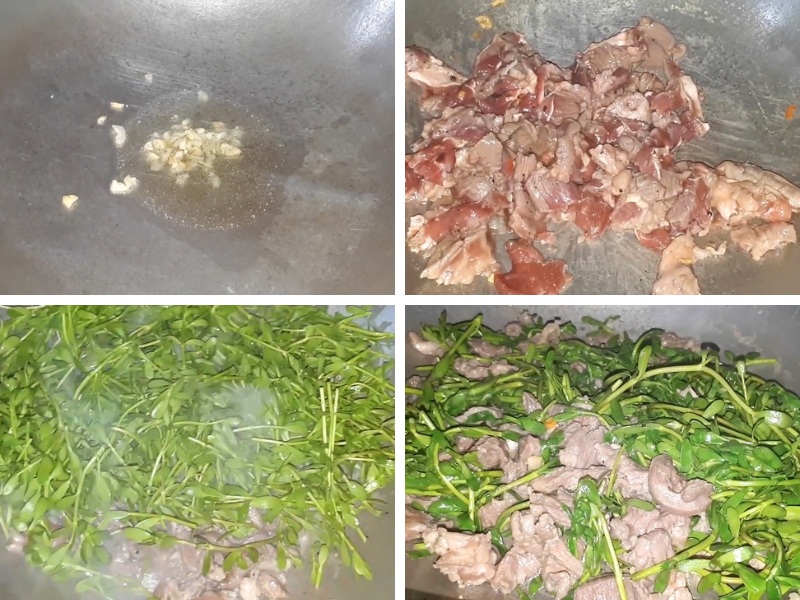 Công đoạn xào thịt bò với rau đắng