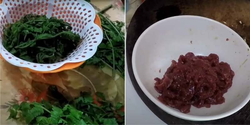 sơ chế rau dớn và thịt bò