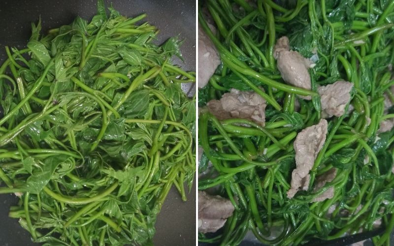 Tiến hành xào rau lang cùng thịt bò
