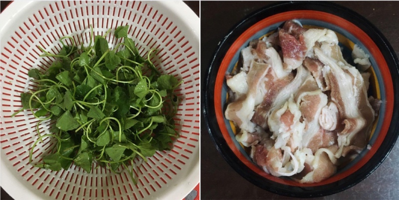 rửa sạch rau má và thịt bò