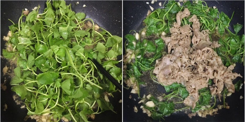 xào rau má và cho thịt bò vào sau cùng