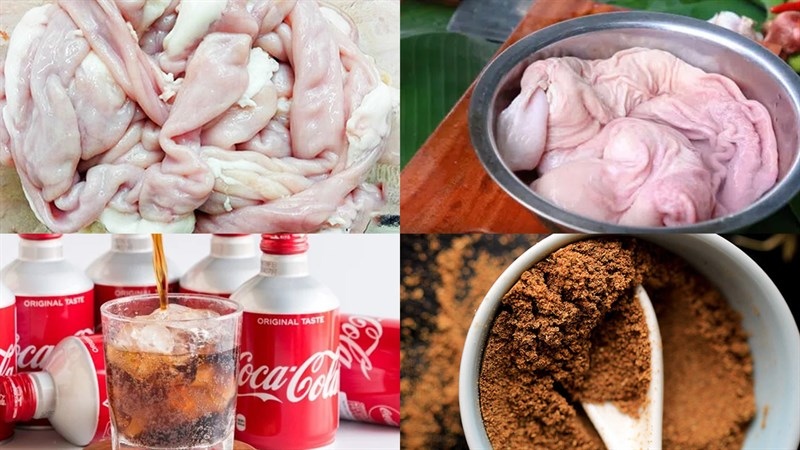 Các nguyên liệu làm món ruột heo khìa nước dừa và coca