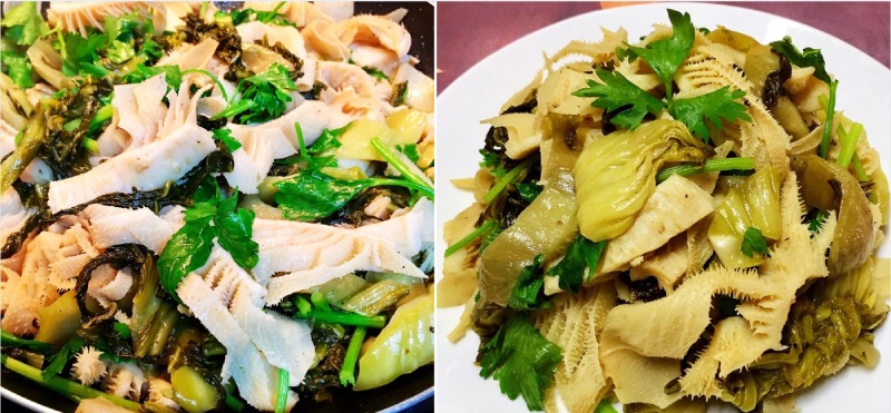 Thành phẩm món sách bò xào dưa chua giòn ngon