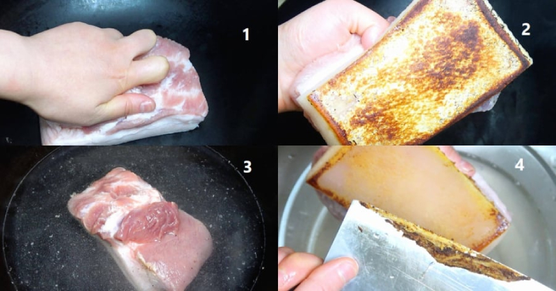 Áp chảo miếng thịt để làm sạch lông