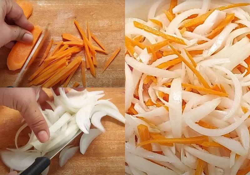 Thái nhỏ cà rốt và hành tây