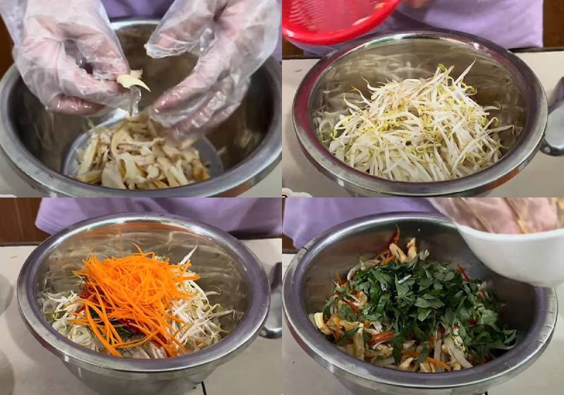 Tiến hành công đoạn xé gà và trộn salad gà