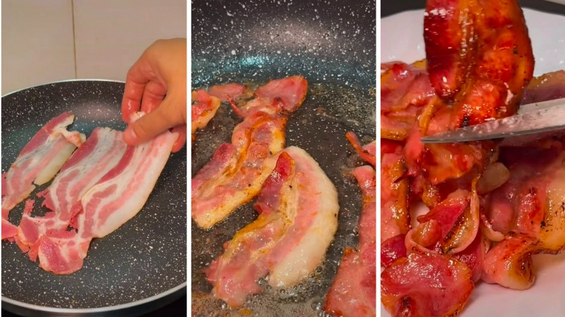 Chiên thịt ba chỉ xông khói cho món sandwich thịt heo