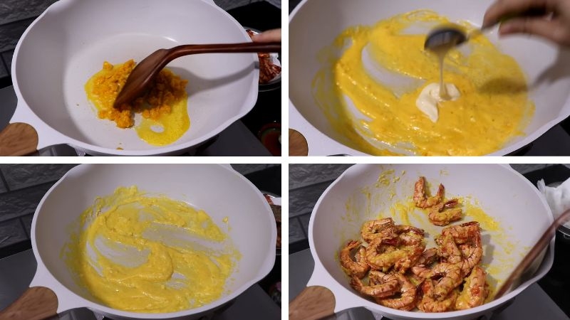 Các bước làm sốt trứng muối và phủ lên tôm chiên