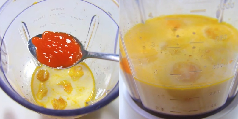 Cho lòng đỏ trứng muối, sữa và tương ớt vào máy xay