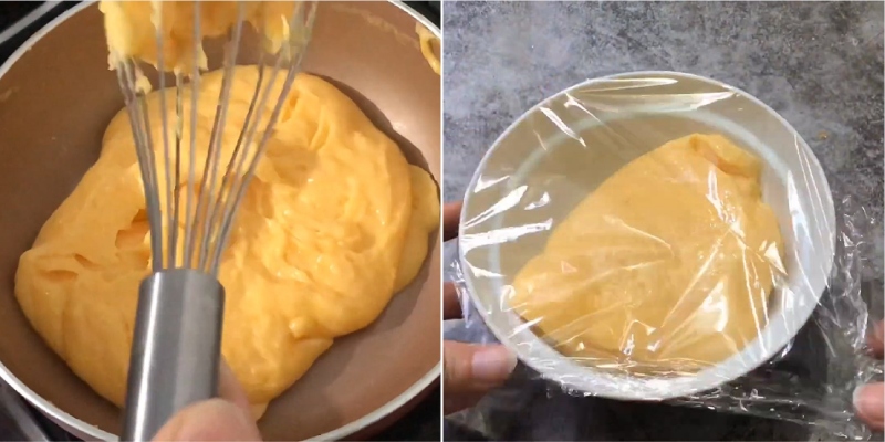 Khuấy sốt trứng muối đặc sệt và bọc kín bảo quản