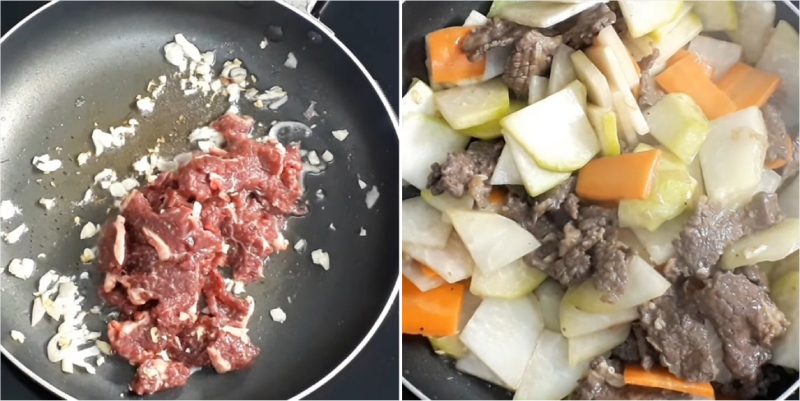 xào lần lượt thịt bò và các loại rau củ