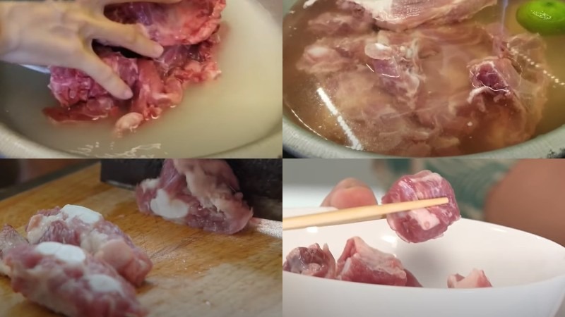 Sơ chế sườn non bằng cách rửa sạch và cắt khúc