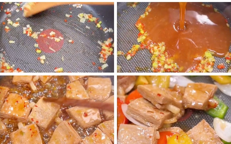 pha sốt chua ngọt và xào sườn với ớt chuông