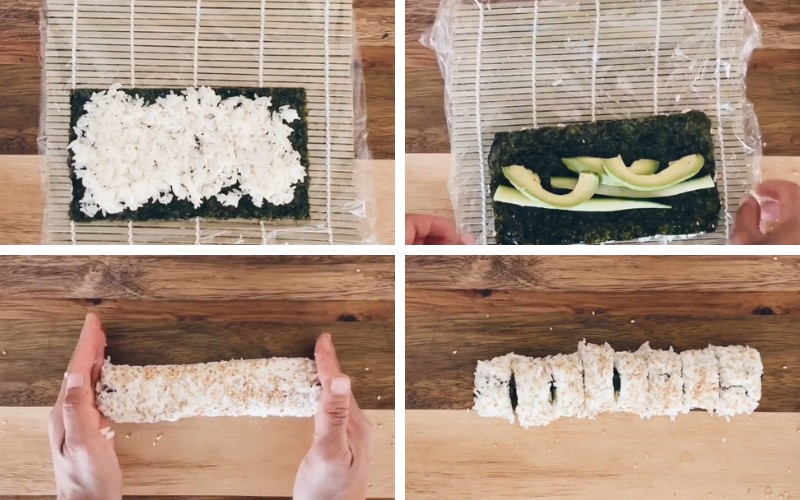 Cuộn chặt tay và cắt sushi thành miếng vừa ăn