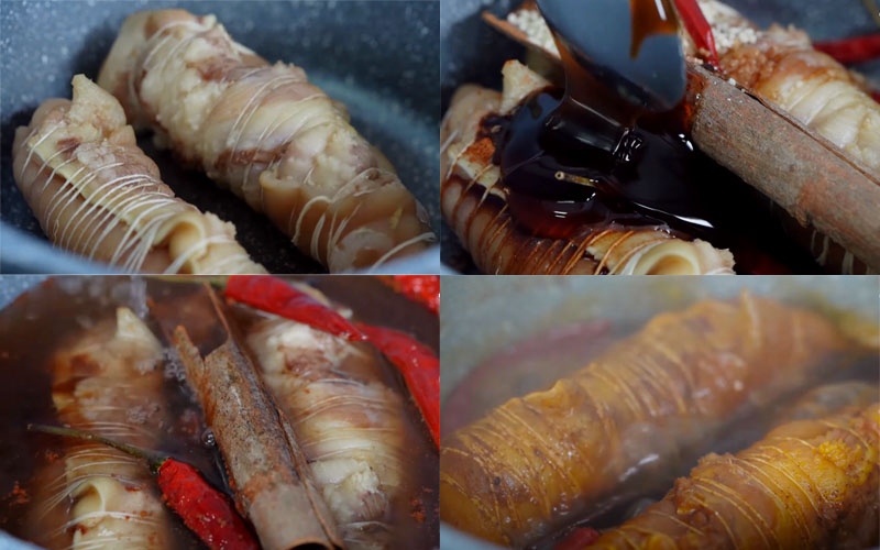 Kho tai heo cuộn với ngũ vị hương, nước màu và gia vị