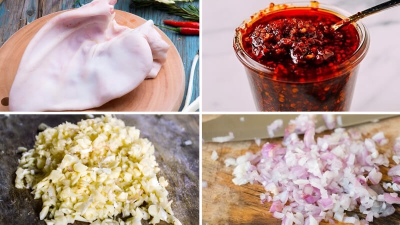 Tai heo tươi sống cùng sa tế, hành và gia vị để sơ chế