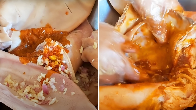 Ướp tai heo với tỏi, hành, sa tế và gia vị