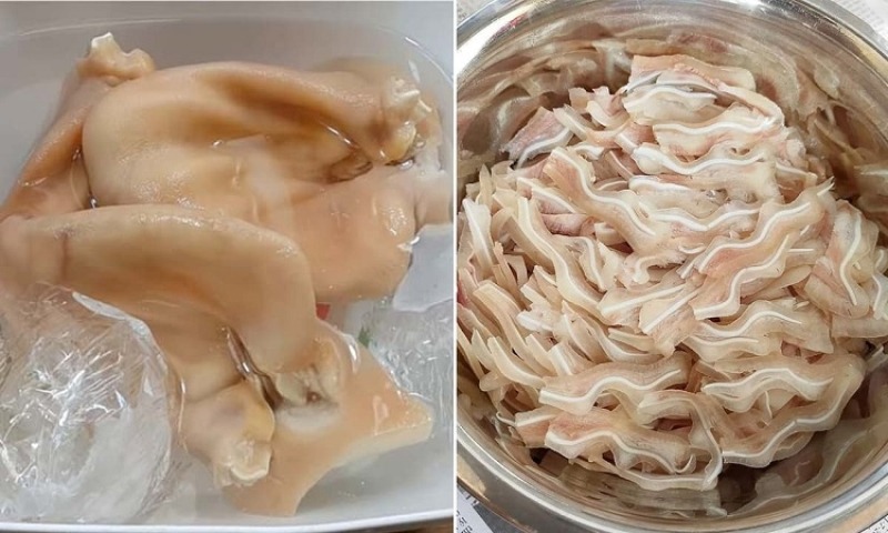 Tai heo luộc cắt sợi chuẩn bị rim nước mắm