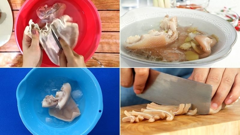 Các bước sơ chế tai heo: làm sạch, luộc, ngâm đá và thái sợi