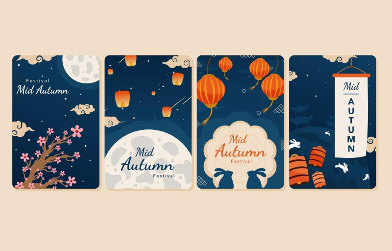 Bộ thiệp Mid-Autumn Festival với nền xanh đậm