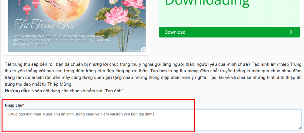 Nhập lời chúc Trung Thu vào ô tạo thiệp online