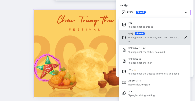Chọn định dạng PNG để tải thiệp Trung thu từ Canva